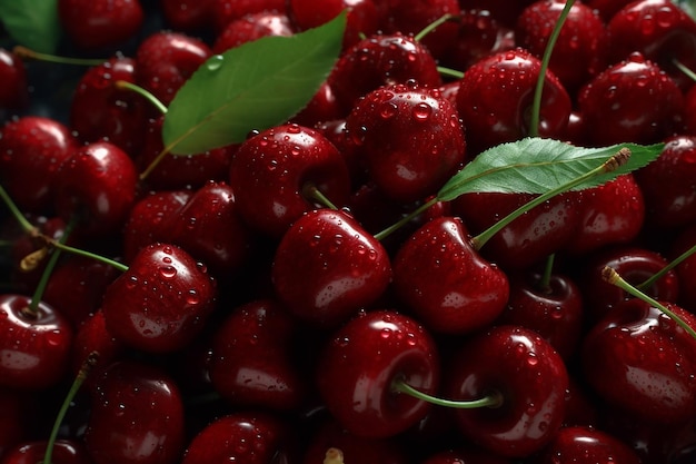 Un bol de cerises aux feuilles vertes