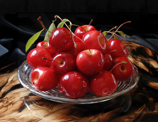 Un bol de cerises avec des feuilles vertes sur un fond sombre