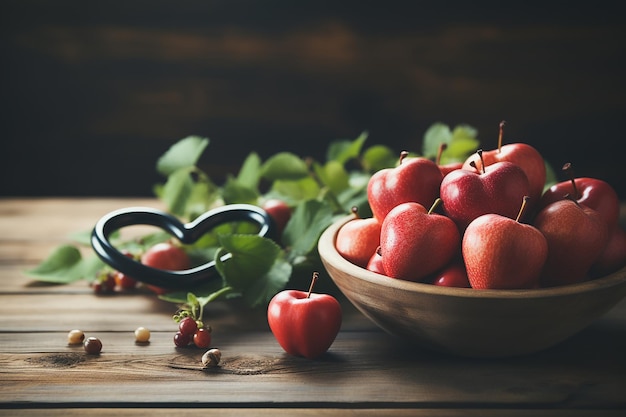 un bol de cerises avec un tas de cerises sur une table en bois.