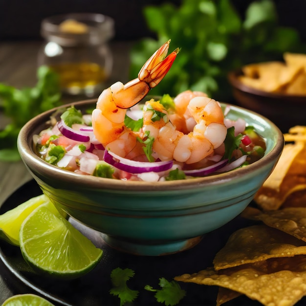 un bol de ceviche avec une feuille verte et un coin de citron vert