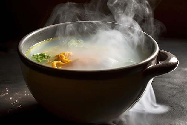 Un bol chaud de soupe avec de la vapeur s'élevant du bouillon chaud créé avec l'ai générative