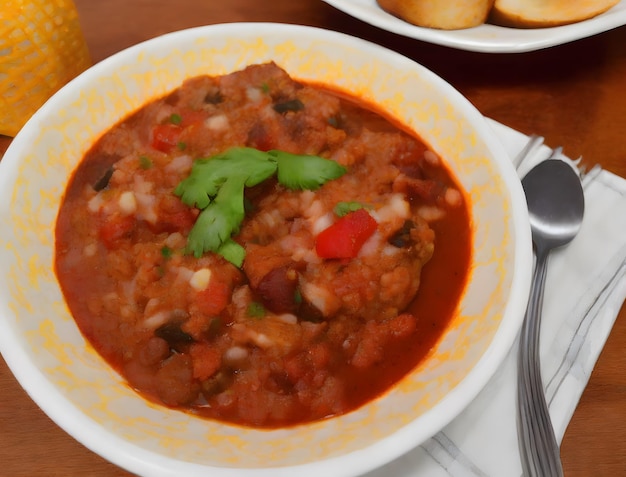 Un bol de chili avec une cuillère à côté