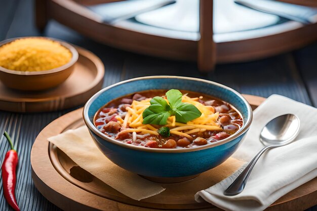 Un bol de chili avec du fromage et une fourchette sur une table