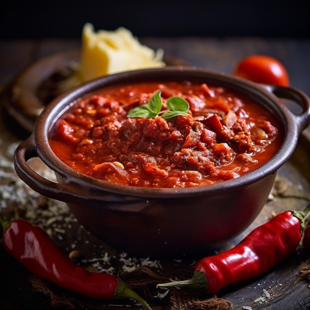 Un bol de chili avec du piment et des poivrons sur une table.