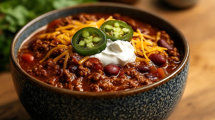 Photo un bol de chili surplombé de fromage à la crème sure et de jalapenos