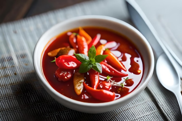 Un bol de chili avec des tomates et des herbes