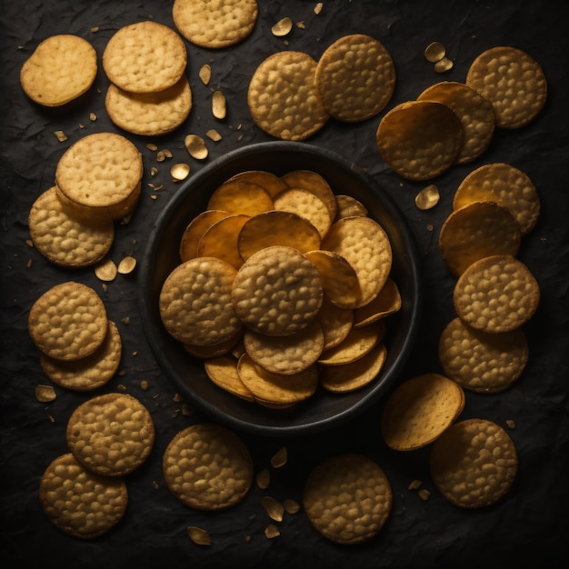 Photo un bol de chips avec un bol de chips d'or et un fond noir.