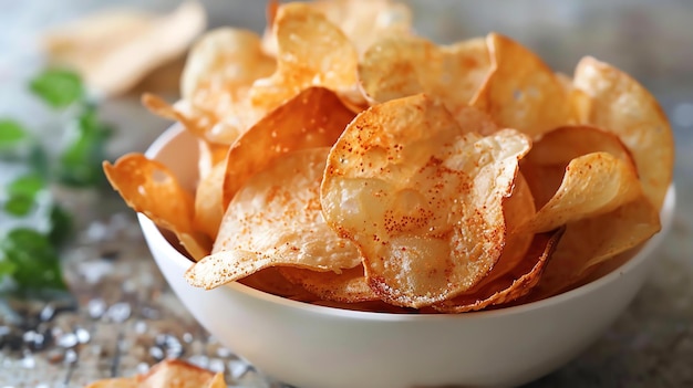 Un bol de chips de pommes de terre croustillantes assaisonnées de sel et d'épices Les chips sont brun doré et ont une texture légèrement ridée