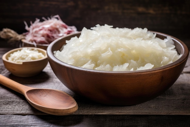 Bol de choucroute fermentée avec une cuillère en bois