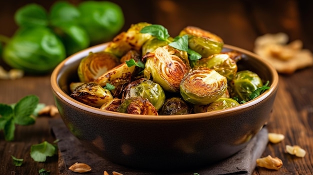 Un bol de choux de Bruxelles avec des feuilles de basilic sur une table