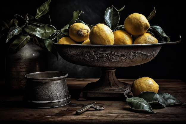 Un bol de citrons est posé sur une table avec une tasse et un bol de feuilles vertes.