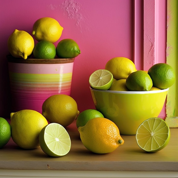 Un bol de citrons et de limes est posé sur un comptoir.