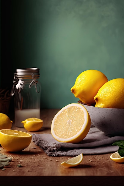 Photo un bol de citrons avec un pot de menthe sur le côté.