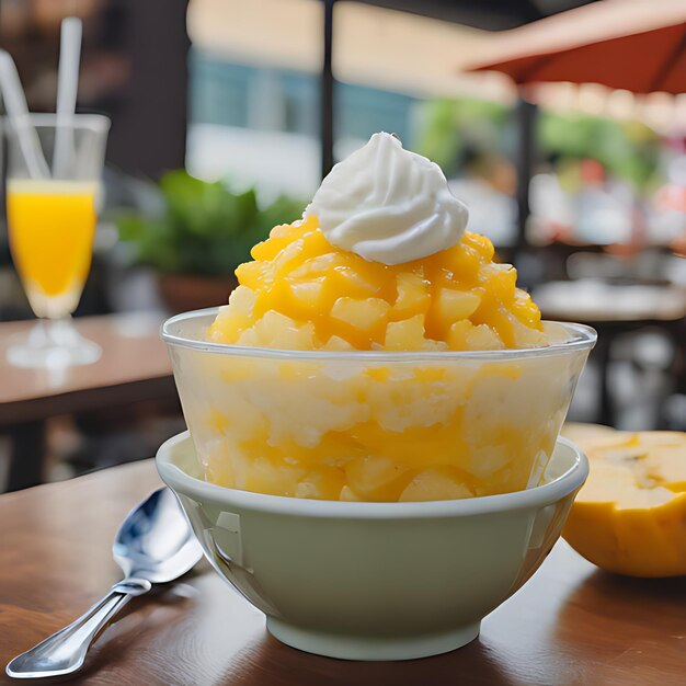 un bol de corned avec de l'ananas et une cuillère