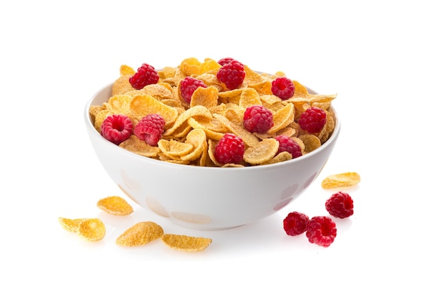 Bol de cornflakes et framboises