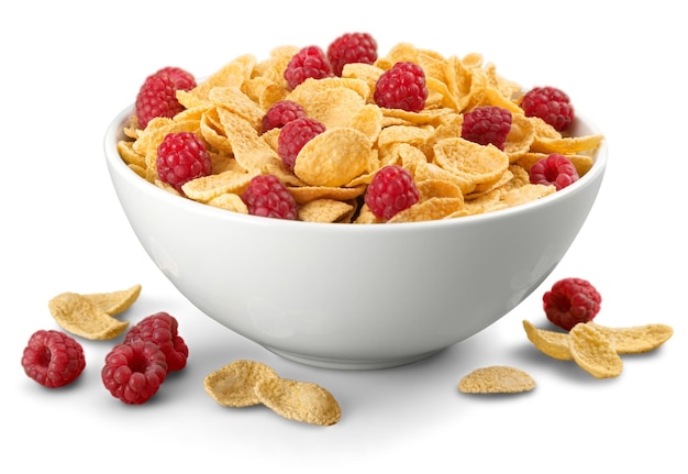 Bol de cornflakes et framboises