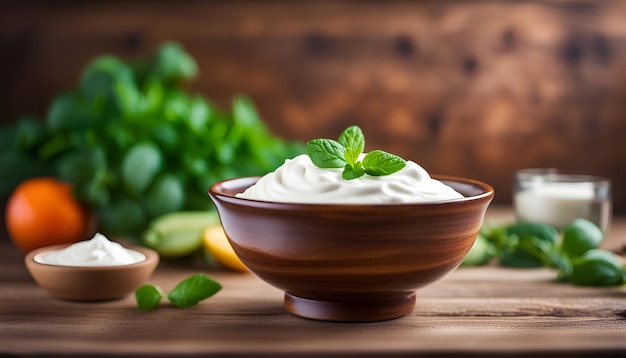 Un bol de crème acidulée sur fond de bois.