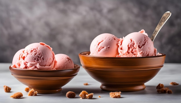 un bol de crème glacée avec un bol brun avec une cuillère dedans