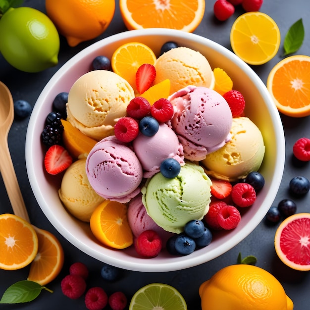 un bol de crème glacée et un bol de fruits