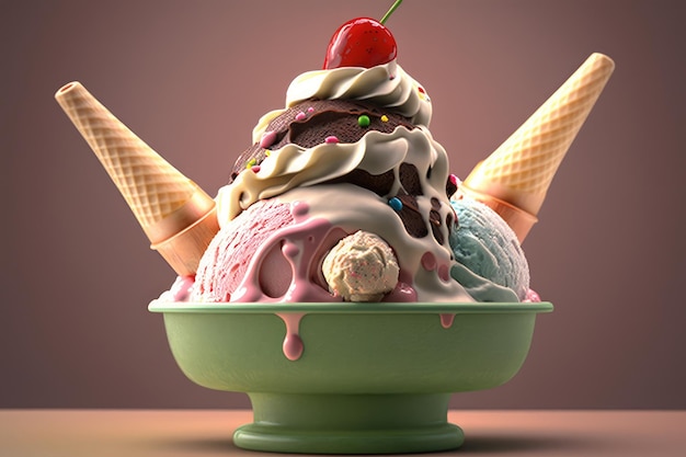 Un bol de crème glacée avec une cerise sur le dessus