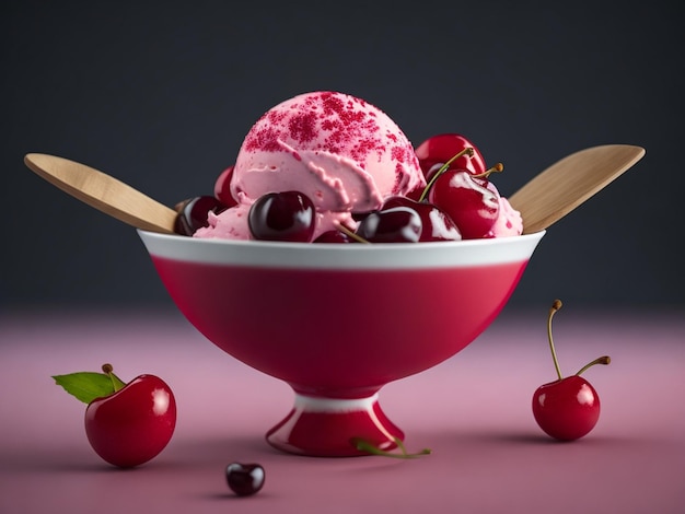 Un bol de crème glacée avec des cerises sur le dessus et un fond rouge.