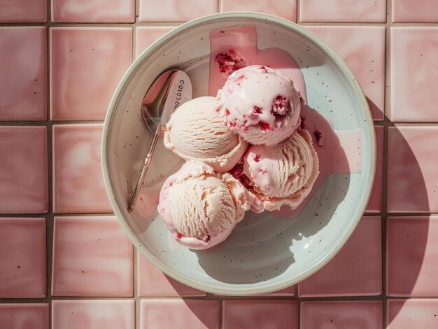 Photo un bol de crème glacée et de crème glace sur un mur de carreaux