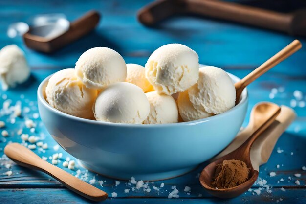 Photo un bol de crème glacée avec une cuillère et des cuillères de chocolat.