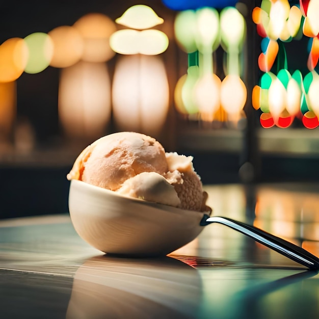 Un bol de crème glacée avec une cuillère dedans et un panneau en arrière-plan.