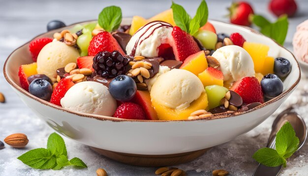 un bol de crème glacée et de fruits avec des fraises et du chocolat