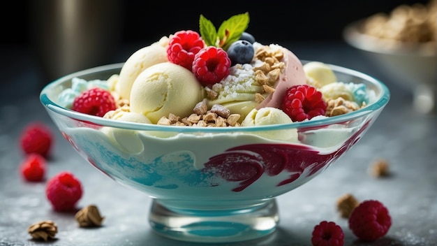 un bol de crème glacée avec des fruits de framboise photo