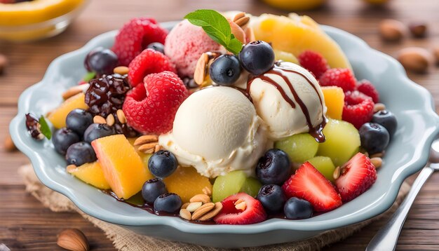 un bol de crème glacée et de fruits avec une salade de fruits dedans