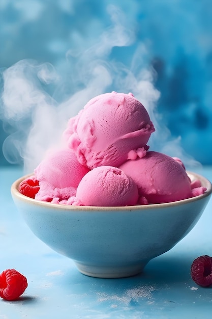 Un bol de crème glacée rose avec un fond bleu et un nuage de fumée derrière.