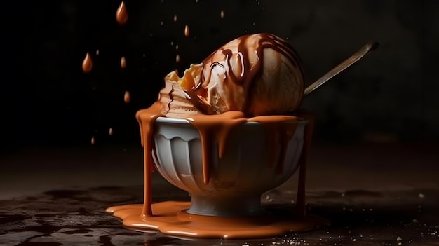 Un bol de crème glacée avec sauce au caramel et sauce au caramel