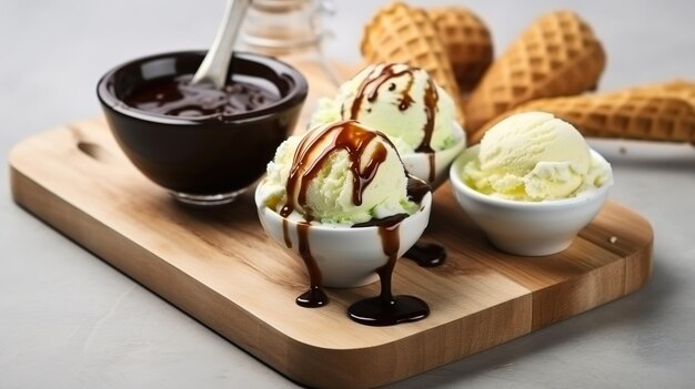 Un bol de crème glacée avec de la sauce au chocolat et des cônes de gaufres sur une planche de bois