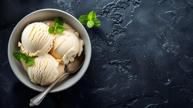 un bol de crème glacée à la vanille avec des feuilles de menthe et une cuillère dessus sur une table noire