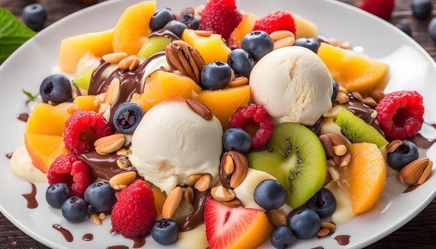 un bol de crème glacée avec une variété de fruits et de crèmes glacées