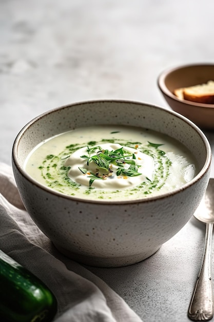 Un bol de crème verte de soupe aux poireaux avec une cuillère à côté.