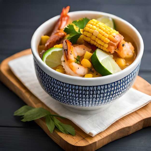 Un bol de crevettes et de maïs avec des quartiers de citron vert et une serviette sur une table en bois.