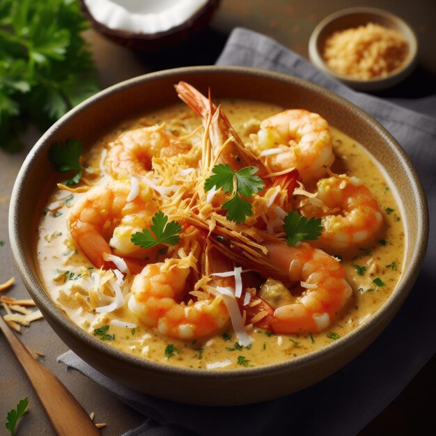 Un bol de crevettes de noix de coco au curry garnies de flocons de coco grillés et de persil