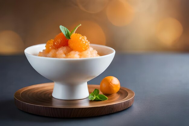 Photo un bol de crevettes et d'oranges sur une assiette avec un morceau de menthe dessus.