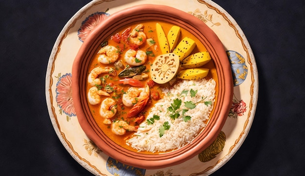 Un bol de crevettes et de riz avec une tranche de citron sur le côté.