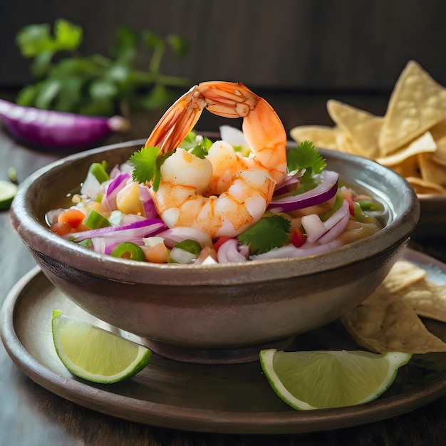 Photo un bol de crevettes avec une salade et des frites sur le côté