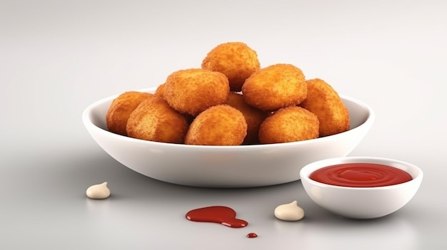 Bol de croquettes frites avec du ketchup sur fond blanc ai générative