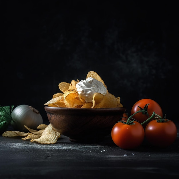 Un bol de croustilles avec une tomate sur le côté.