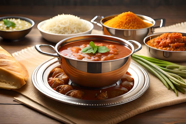 Un bol de curry avec un bol de curry et quelques autres plats sur une table.