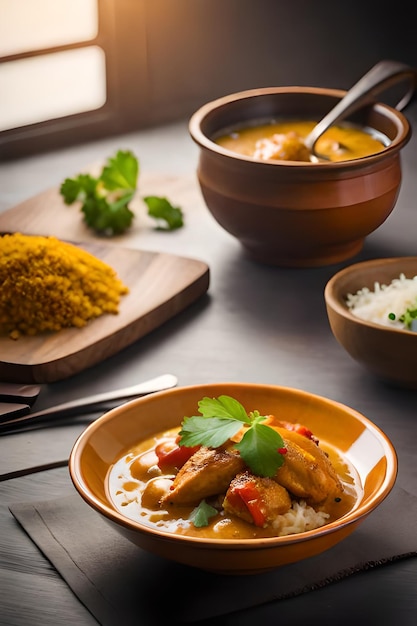 Un bol de curry avec du riz et des feuilles de coriandre sur le côté