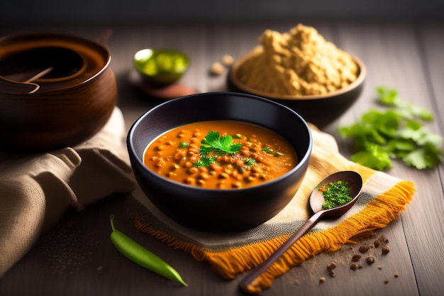 Un bol de curry indien de lentilles avec une cuillère à côté