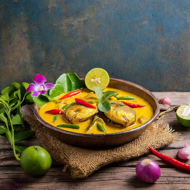 Un bol de curry jaune thaïlandais, du curry de poulet avec des fruits de mer sur un fond blanc.