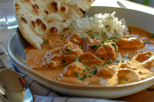 Un bol de curry de poulet au beurre avec du riz sur la table