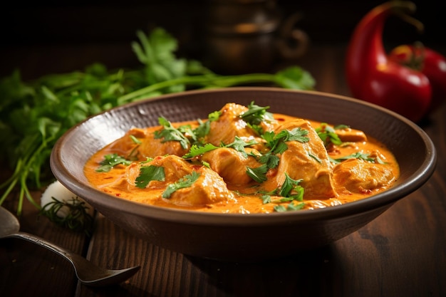 Un bol de curry de poulet avec du riz et des légumes